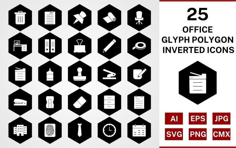 Download Набор иконок "25 Office Glyph Polygon Inverted Icon Set" / 25 Office Glyph Polygon Inverted Icon Set - Набор иконок на тему business set,file,icon,icons,glyph,vector,sign,symbol,pictogram,polygon,inverted,office,notepad,clock,tie,stamp,office chair,office table,post it,trash