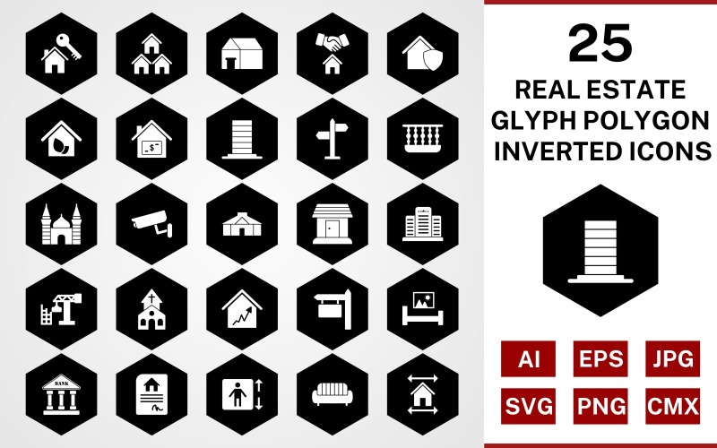 Download Набор иконок "25 Real Estate Glyph Polygon Inverted Icon Set" / 25 Real Estate Glyph Polygon Inverted Icon Set - Набор иконок на тему city set,file,icon,icons,glyph,vector,sign,symbol,pictogram,polygon,inverted,real estate,mosque,church,balcony,mansion,eco house,lift,yurt,bank