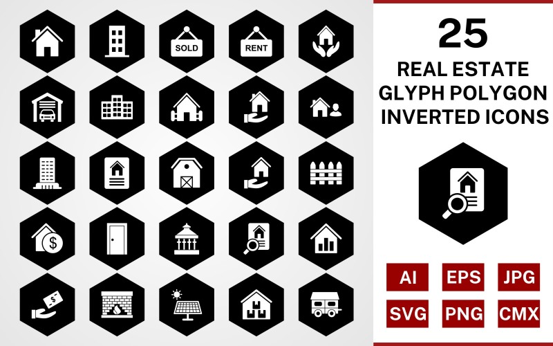 Download Набор иконок "25 Real Estate Glyph Polygon Inverted Icon Set" / 25 Real Estate Glyph Polygon Inverted Icon Set - Набор иконок на тему city set,file,icon,icons,glyph,vector,sign,symbol,pictogram,polygon,inverted,real estate,house,garage,building,farm house,loan,agent,flat,mortgage