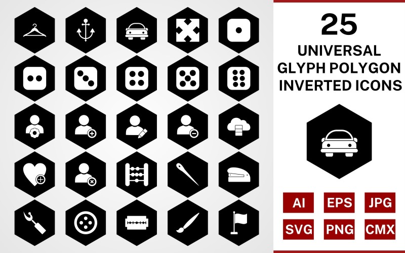 Download Набор иконок "25 Universal Glyph Polygon Inverted Icon Set" / 25 Universal Glyph Polygon Inverted Icon Set - Набор иконок set,file,icon,icons,glyph,vector,sign,symbol,pictogram,polygon,inverted,universal,hanger,dice six,flag,needle,edit profile,staper,button,blade