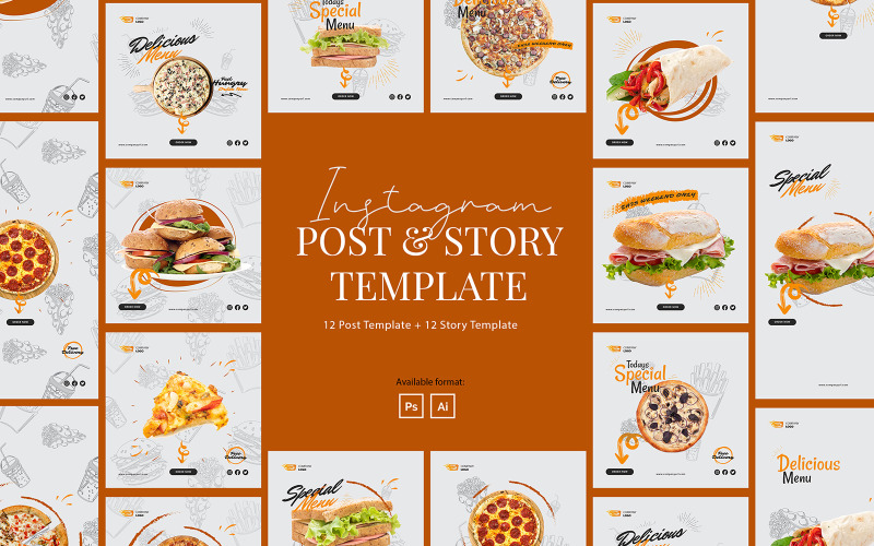 Download Шаблон для соцсетей "Fast Food Instagram Post and Story Template for Social Media" / Fast Food Instagram Post and Story Template for Social Media - Шаблон для соцсетей на тему графика fast food,instagram food,pizza instagram,business instagram,instagram for pizza,burger,hot dog,business,food,lifestyle,junk food,minimalist,modern,elegant,simple,creative,template,instagram p