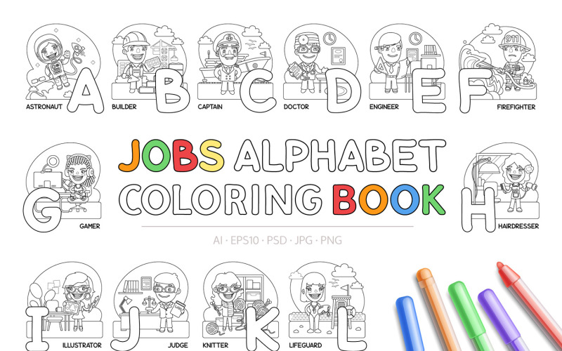 Jobs Alphabet Coloring Book - Vector Image