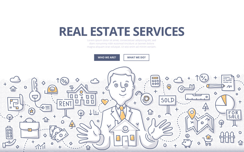 Download Vector "Real Estate Services Doodle Concept - Vector Image" / Real Estate Services Doodle Concept - Vector Image - Vector на тему графика vector,sale,building,loan,apartment,house,property,real estate,agent,rental,home,rent,location,doodle,businessman,mortgage,residential,residence,seller,sold