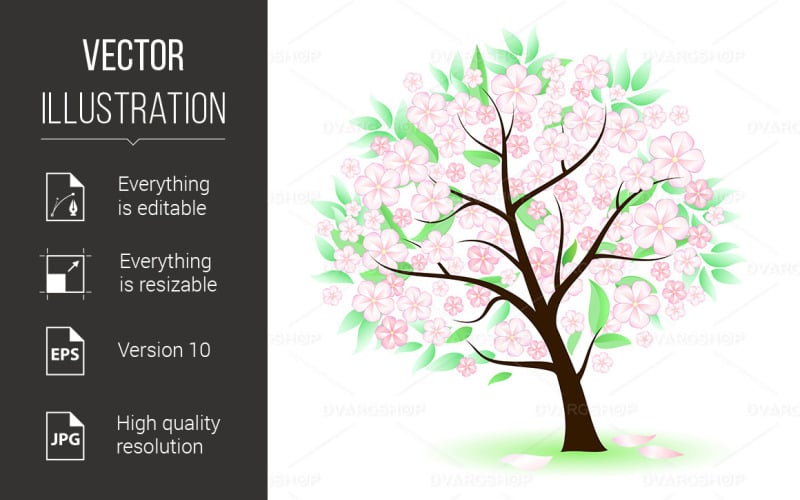 Arbre stylisé avec feuilles et fleurs - Image vectorielle