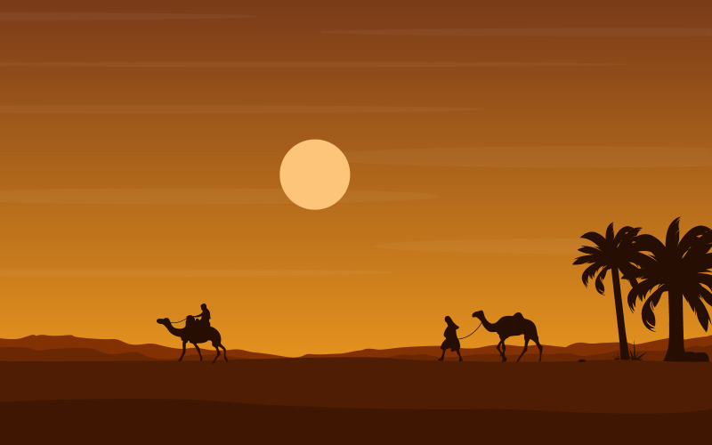 Download Иллюстрация "Camel Rider Crossing Vast Desert Hill - Illustration" / Camel Rider Crossing Vast Desert Hill - Illustration - Иллюстрация на тему графика camel,rider,caravan,desert,hills,arabian,landscape,horizon,mountain,illustration,beautiful,arab,middle,east,sahara,eid,adha,sky,dubai,sand