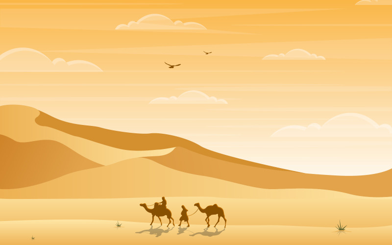 Download Иллюстрация "Camel Rider Crossing Vast Desert Hill - Illustration" / Camel Rider Crossing Vast Desert Hill - Illustration - Иллюстрация на тему графика camel,rider,caravan,desert,hills,arabian,landscape,horizon,mountain,illustration,beautiful,arab,middle,east,sahara,eid,adha,sky,dubai,sand