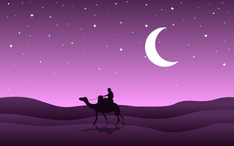 Download Иллюстрация "Camel Rider Crossing Vast Desert Hill - Illustration" / Camel Rider Crossing Vast Desert Hill - Illustration - Иллюстрация на тему графика camel,rider,caravan,desert,hills,arabian,landscape,horizon,mountain,illustration,beautiful,arab,middle,east,sahara,eid,adha,sky,dubai,sand