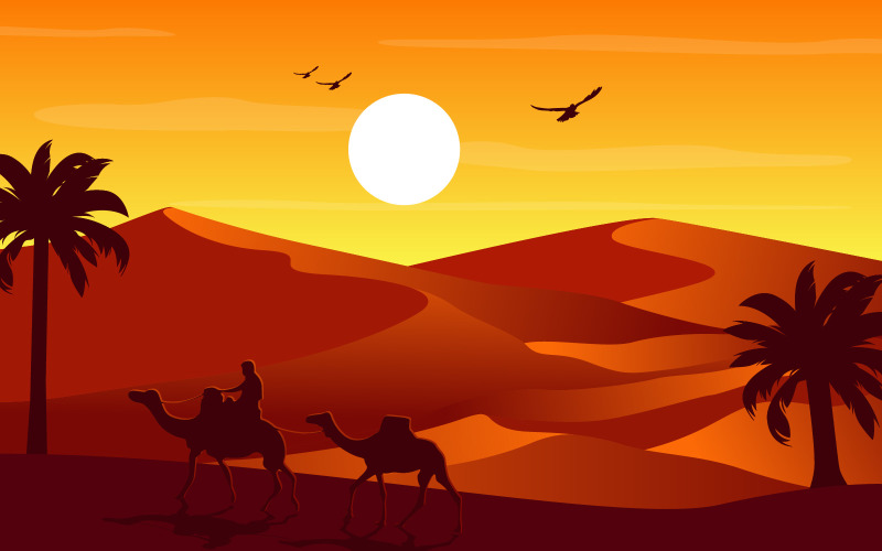 Download Иллюстрация "Camel Rider Crossing Vast Desert Hill - Illustration" / Camel Rider Crossing Vast Desert Hill - Illustration - Иллюстрация на тему графика camel,rider,caravan,desert,hills,arabian,landscape,horizon,mountain,illustration,beautiful,arab,middle,east,sahara,eid,adha,sky,dubai,sand