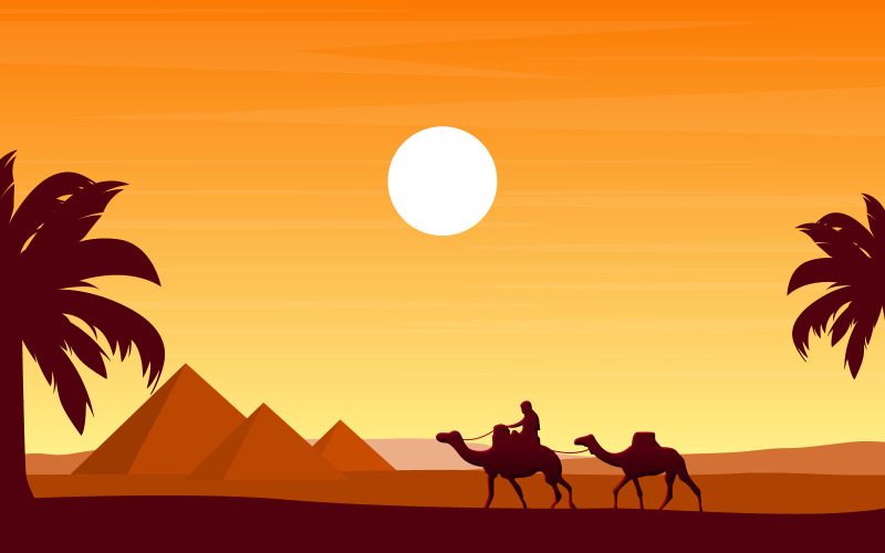 Караван верблюдов пересекает Египетскую пирамиду в пустыне - Иллюстрация