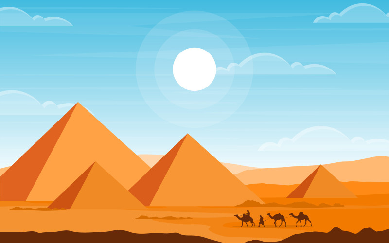 Karavana velblouda přes poušť Egyptské pyramidy - ilustrace