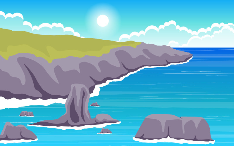 Морская панорама, пляж, побережье, залив, Океан - Иллюстрация