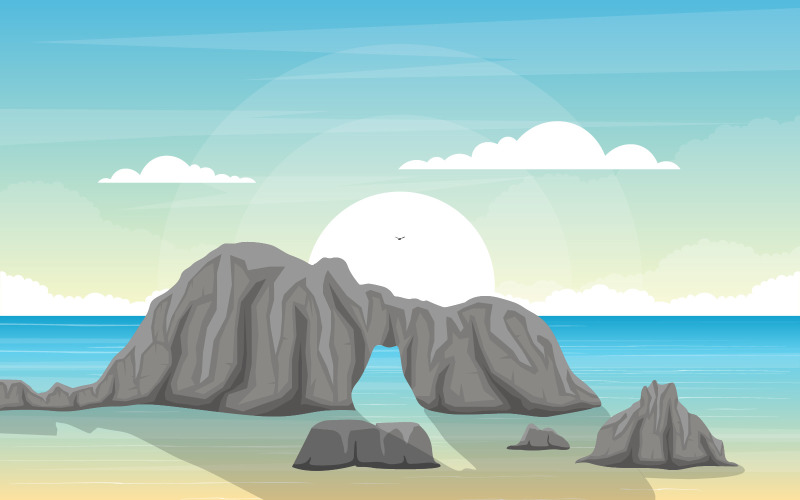 Морская панорама, пляж, побережье, залив, Океан - Иллюстрация