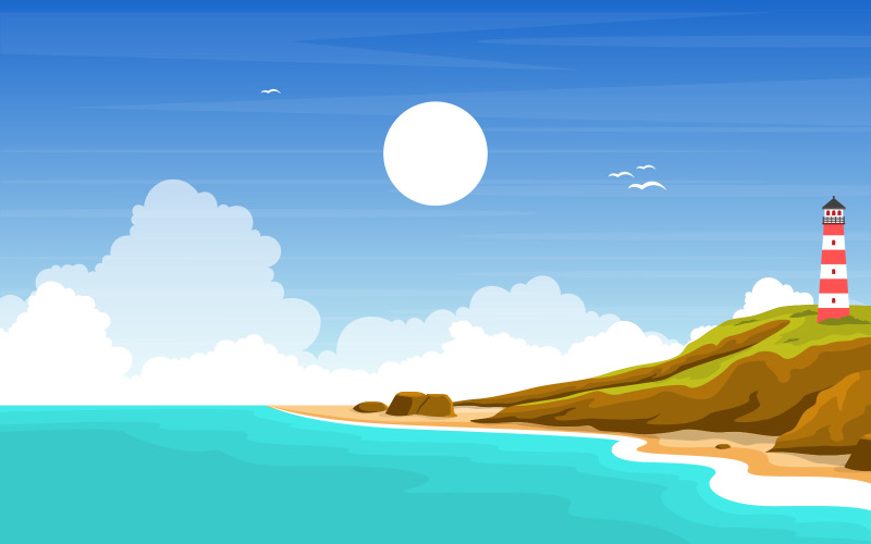 Download Иллюстрация "Sea Panorama Beach Coast Bay Ocean - Illustration" / Sea Panorama Beach Coast Bay Ocean - Illustration - Иллюстрация на тему графика beautiful,sea,panorama,beach,coast,bay,ocean,landscape,seascape,coastline,paradise,nature,tourism,holiday,adventure,summer,exotic,outdoor,environment,lighthouse