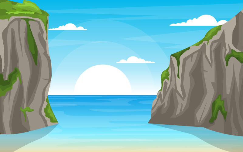 Download Иллюстрация "Sea Panorama Beach Coast Bay Ocean - Illustration" / Sea Panorama Beach Coast Bay Ocean - Illustration - Иллюстрация на тему графика beautiful,sea,panorama,beach,coast,bay,ocean,landscape,illustration,vector,design,poster,background,vacation,tour,travel,rock,scenery,cartoon,rocky