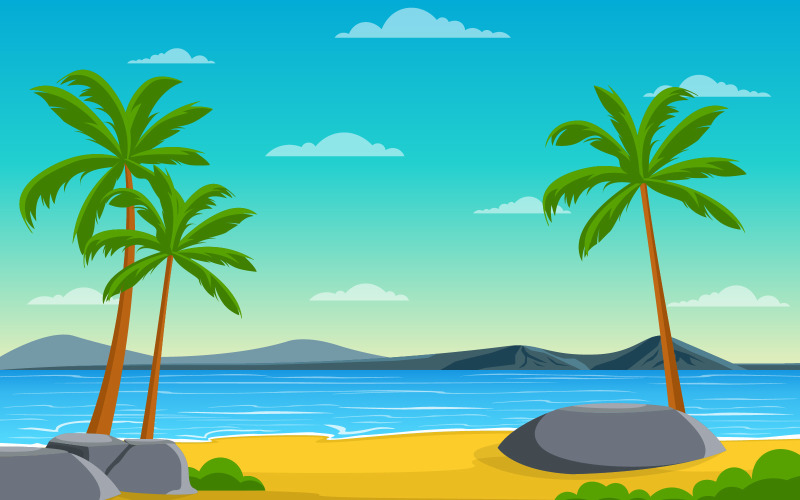 Download Иллюстрация "Tropical Beach Sea Palm Tree Summer - Illustration" / Tropical Beach Sea Palm Tree Summer - Illustration - Иллюстрация на тему графика vacation,tropical,beach,sea,palm,tree,summer,landscape,vector,illustration,background,sky,panorama,sand,holiday,paradise,summertime,nature,tourism,travel