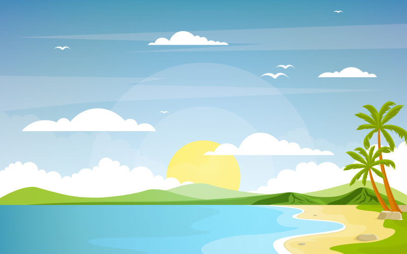 Download Иллюстрация "Vacation in Tropical Beach Palm Tree - Illustration" / Vacation in Tropical Beach Palm Tree - Illustration - Иллюстрация на тему графика vacation,tropical,beach,sea,palm,tree,summer,landscape,panorama,sand,holiday,travel,exotic,nature,seascape,summertime,coconut,tourism,paradise,coastline