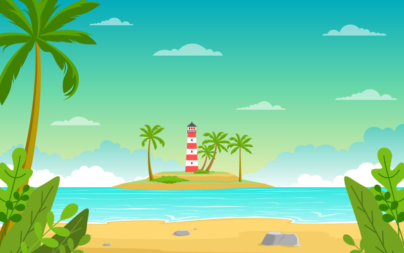 Download Иллюстрация "Vacation in Tropical Beach Palm Tree - Illustration" / Vacation in Tropical Beach Palm Tree - Illustration - Иллюстрация на тему графика vacation,tropical,beach,sea,palm,tree,summer,landscape,island,panorama,sand,seaside,holiday,seascape,summertime,paradise,exotic,lighthouse,coastline,tourism
