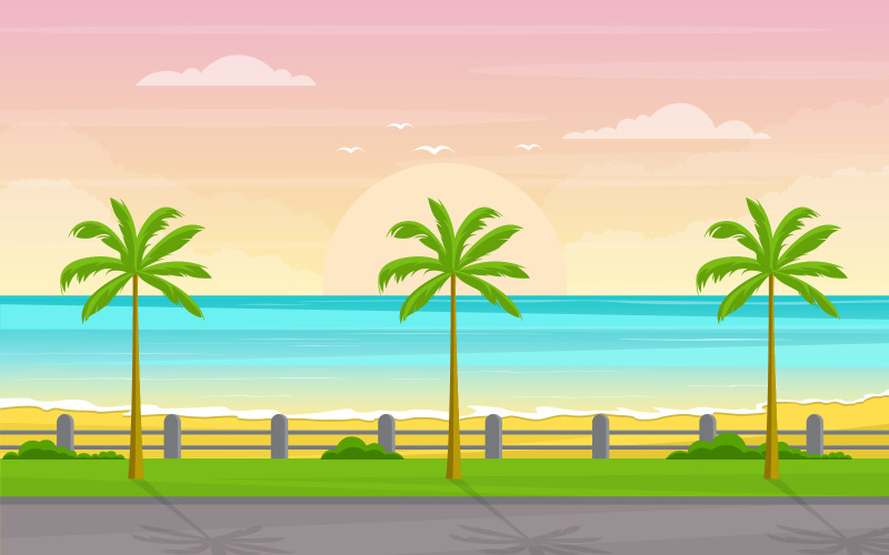 Download Иллюстрация "Vacation in Tropical Beach Palm Tree - Illustration" / Vacation in Tropical Beach Palm Tree - Illustration - Иллюстрация на тему графика vacation,tropical,beach,sea,palm,tree,summer,landscape,sky,panorama,sand,seaside,holiday,paradise,summertime,seascape,exotic,coastline,tourism,nature