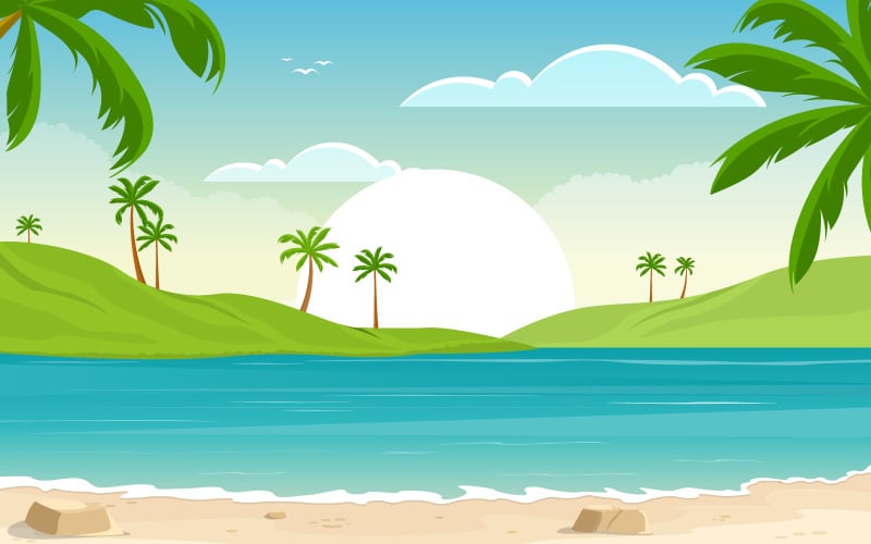 Download Иллюстрация "Vacation in Tropical Beach Palm Tree - Illustration" / Vacation in Tropical Beach Palm Tree - Illustration - Иллюстрация на тему графика vacation,tropical,beach,sea,palm,tree,summer,landscape,sky,island,panorama,sand,holiday,exotic,paradise,coconut,seascape,coastline,summertime,travel
