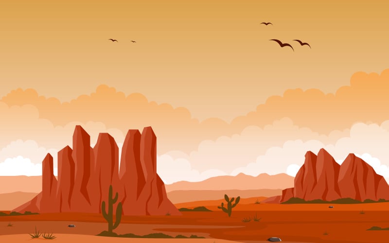 Download Иллюстрация "Vast Western American Desert with Cactus - Illustration" / Vast Western American Desert with Cactus - Illustration - Иллюстрация на тему графика day,desert,rock,hill,mountain,cactus,horizon,landscape,illustration,western,cowboy,vector,background,texas,mexican,arizona,american,west,wild,cartoon