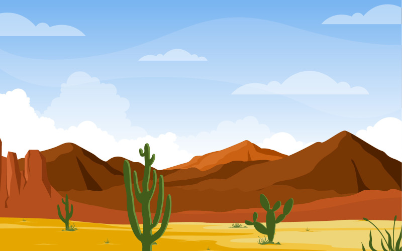 Download Иллюстрация "Vast Western American Desert with Cactus - Illustration" / Vast Western American Desert with Cactus - Illustration - Иллюстрация на тему графика day,desert,rock,hill,mountain,cactus,horizon,landscape,illustration,western,cowboy,vector,background,texas,mexican,arizona,american,west,wild,cartoon