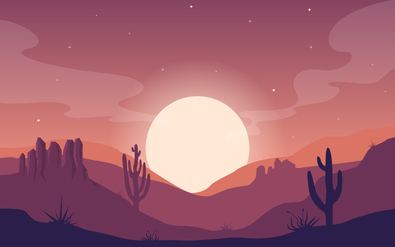 Vasto Deserto Ocidental Americano com Cactus - Ilustração