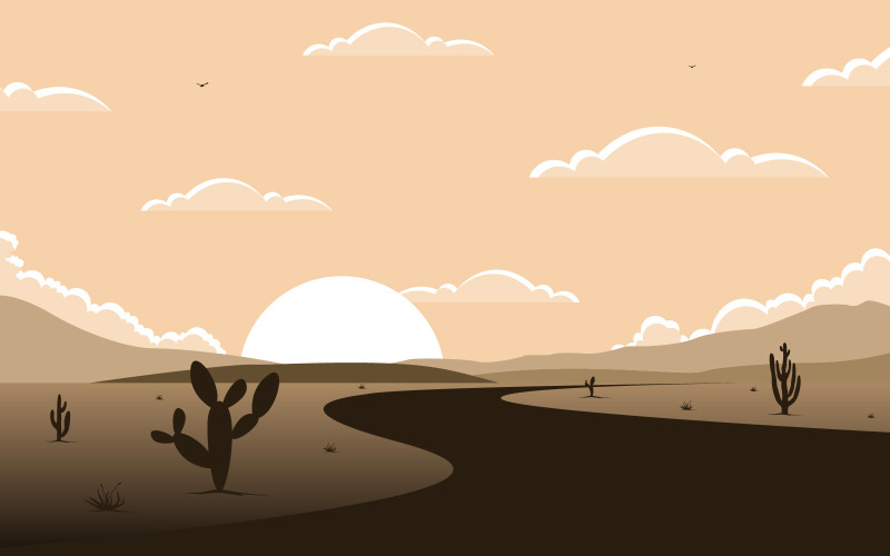 Vasto Deserto Ocidental Americano com Cactus - Ilustração