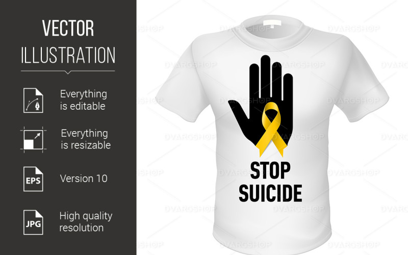 Download Vector "White t-Shirt with Sign Stop Suicide - Vector Image" / White t-Shirt with Sign Stop Suicide - Vector Image - Vector на тему графика stop,ribbon,suicide,with,yellow,sign,symbol,sympathy,awareness,hopelessness,suicidal,fear,prevent,disorder,lost,danger,loop,loss,support