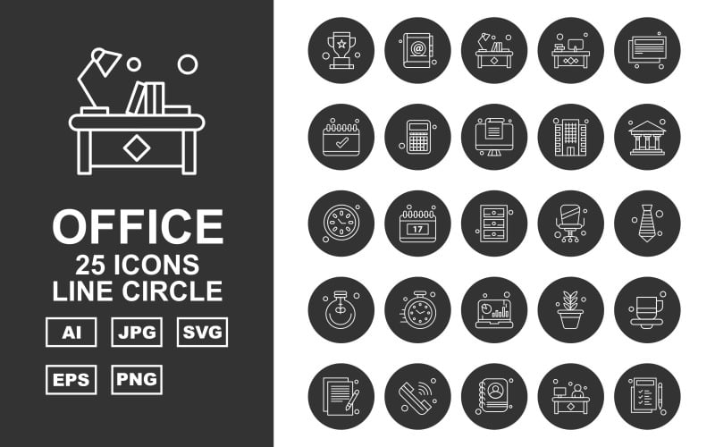 Conjunto de iconos de paquete de círculo de línea de oficina premium 25