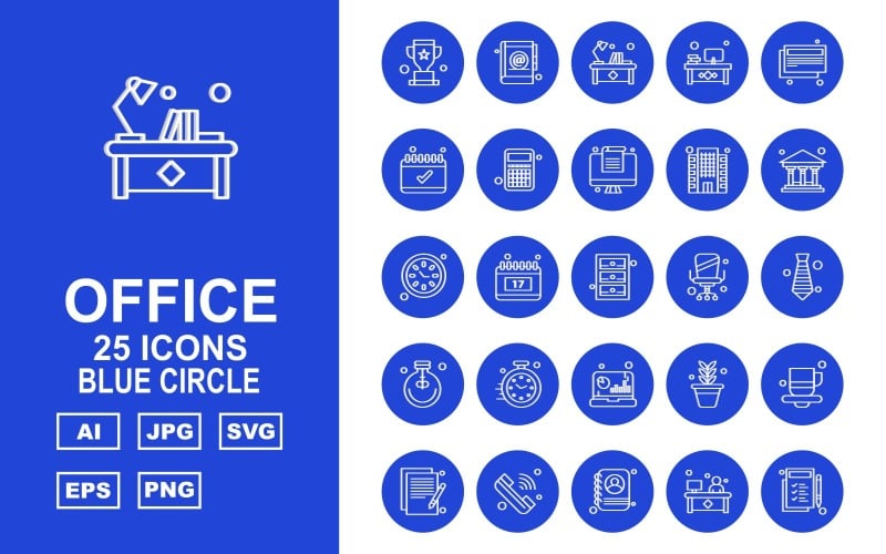 Download Набор иконок "25 Premium Office Blue Circle Icon Set" / 25 Premium Office Blue Circle Icon Set - Набор иконок на тему business award,calendar,flower,coffee,document,call,avatar,book,workplace,news paper,accounting,building,bank,clock,locker,chair,bulb,design,icon,icons