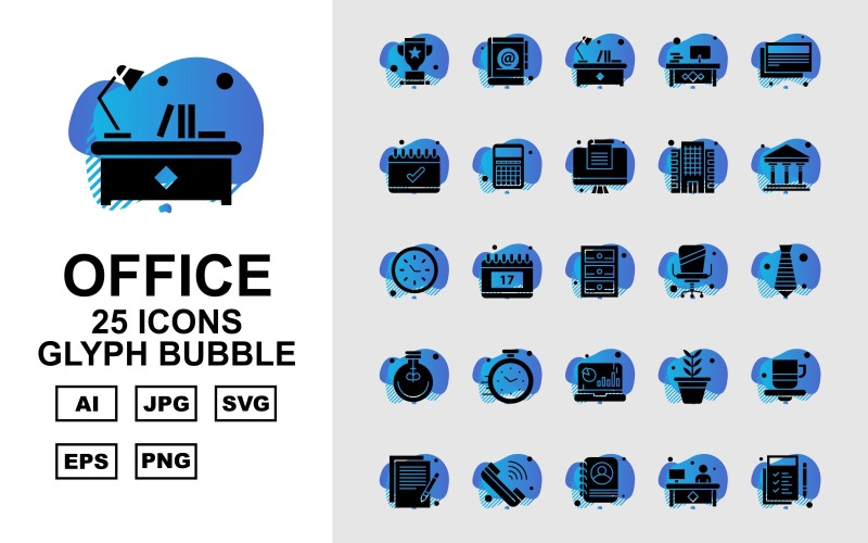 25 Premium Office Glyph Bubble Pack Ikonuppsättning