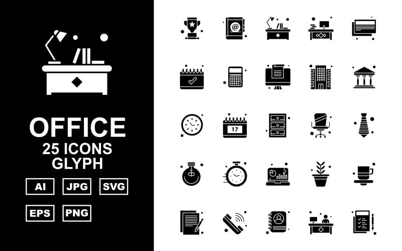 Download Набор иконок "25 Premium Office Glyph Pack Icon Set" / 25 Premium Office Glyph Pack Icon Set - Набор иконок на тему business award,calendar,flower,coffee,document,call,avatar,book,workplace,news paper,accounting,building,bank,clock,locker,chair,bulb,analytics,icon,icons