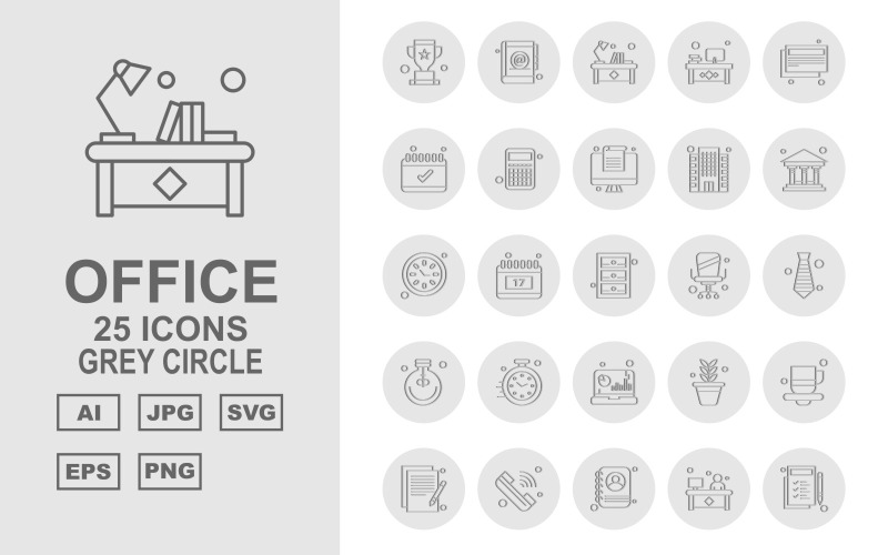 Download Набор иконок "25 Premium Office Gray Circle Pack Icon Set" / 25 Premium Office Gray Circle Pack Icon Set - Набор иконок на тему business award,calendar,flower,coffee,document,call,avatar,book,workplace,news paper,accounting,building,bank,clock,locker,chair,bulb,design,icon,icons