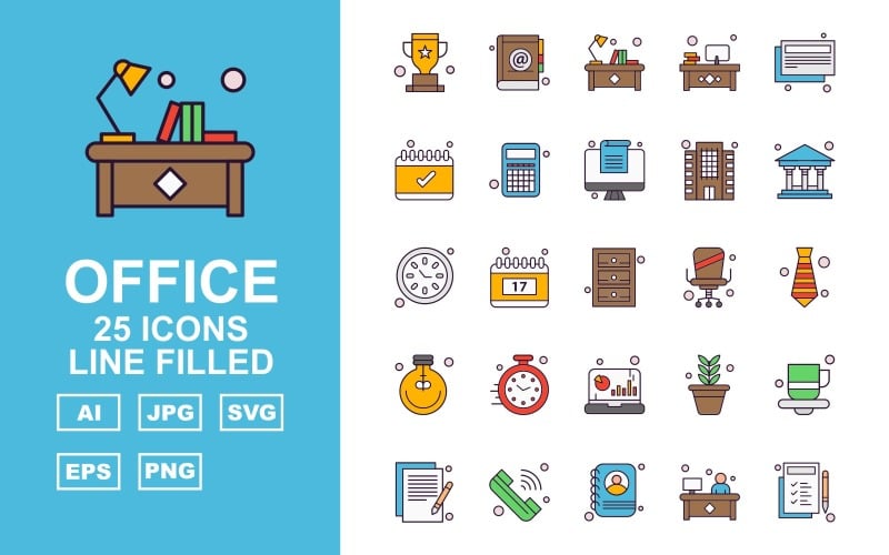 Download Набор иконок "25 Premium Office Line Filled Pack Icon Set" / 25 Premium Office Line Filled Pack Icon Set - Набор иконок на тему business award,calendar,flower,coffee,document,call,avatar,book,workplace,news paper,accounting,building,bank,clock,locker,chair,bulb,analytics,icon,icons