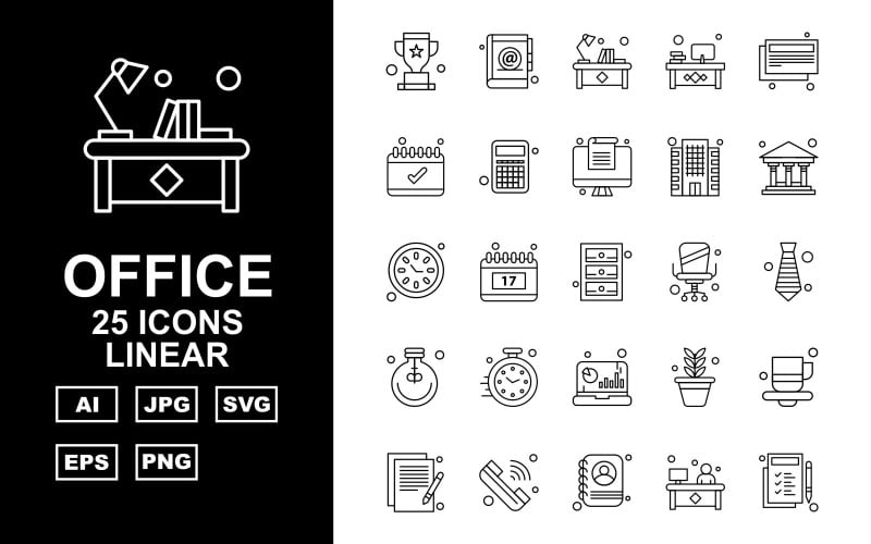 Download Набор иконок "25 Premium Office Linear Pack Icon Set" / 25 Premium Office Linear Pack Icon Set - Набор иконок на тему business award,calendar,flower,coffee,document,call,avatar,book,workplace,news paper,accounting,building,bank,clock,locker,chair,bulb,analytics,icon,icons