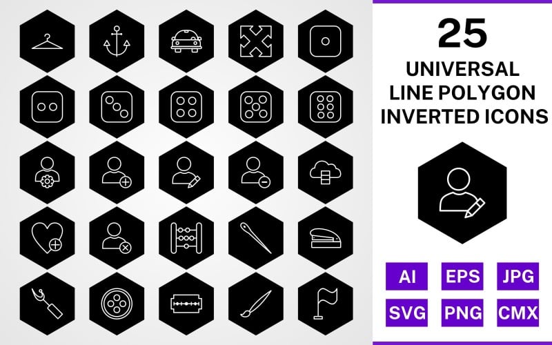 Download Набор иконок "25 Universal Line Polygon Inverted Icon Set" / 25 Universal Line Polygon Inverted Icon Set - Набор иконок set,file,icon,icons,line,vector,sign,symbol,pictogram,polygon,inverted,universal,hanger,dice six,flag,needle,edit profile,staper,button,blade