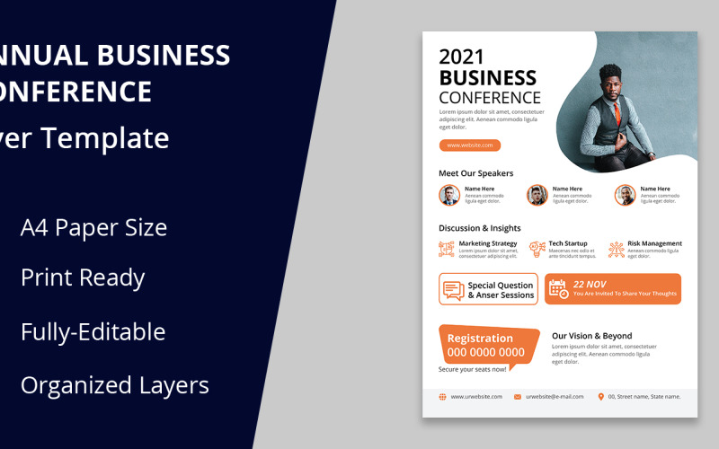 Download Фирменный стиль "Annual Business Conference -PSD, AI, EPS Flyer - Corporate Identity Template" / Annual Business Conference -PSD, AI, EPS Flyer - Corporate Identity Template - Фирменный стиль на тему графика advert,advertisement,business,conference,congress,convention,convention center,education,educator,entrepreneur,event,explaining,flyer,information,leaflet,lecture,lecture hall,meeting,particip