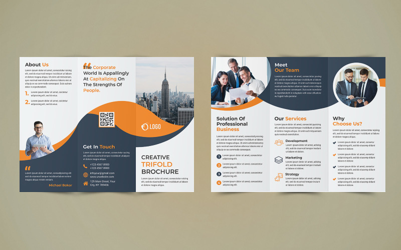 Design de folheto de negócios com três dobras - modelo de identidade corporativa