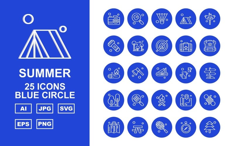 Conjunto de 25 ícones Premium Summer Blue Circle