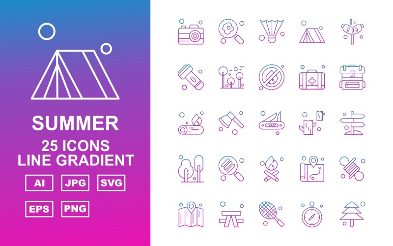 Conjunto de pacotes de ícones gradientes da linha 25 Premium Summer