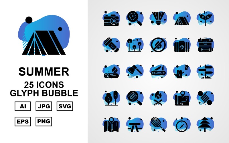 Conjunto de paquetes de iconos de burbujas de glifos de verano premium 25