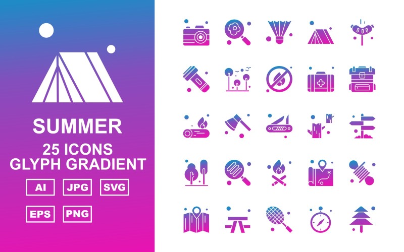 Conjunto de paquetes de iconos degradados de glifos de verano de 25 premium