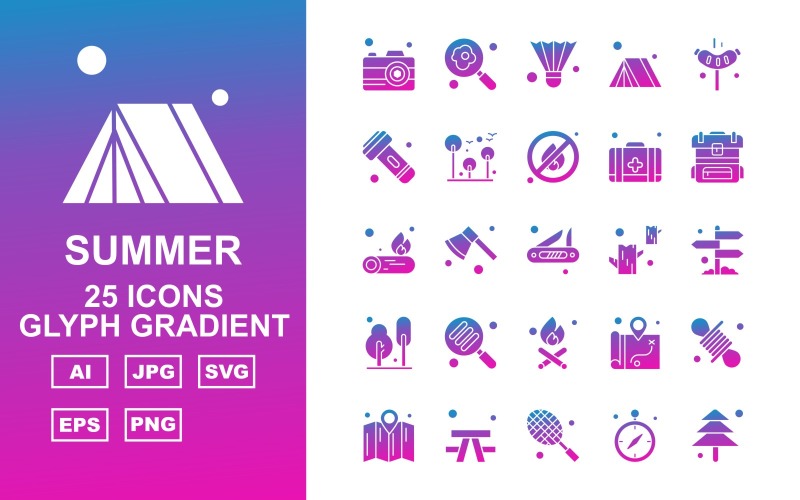 Download Набор иконок "25 Premium Summer Glyph Gradient Icon Pack Set" / 25 Premium Summer Glyph Gradient Icon Pack Set - Набор иконок на тему maps camera,axe,location,rope,map,outdoor,racket,gps,tree,find,shuttlecock,tent,hotdog,flashlight,fire,first aid,backpack,fire wood,icon,icons