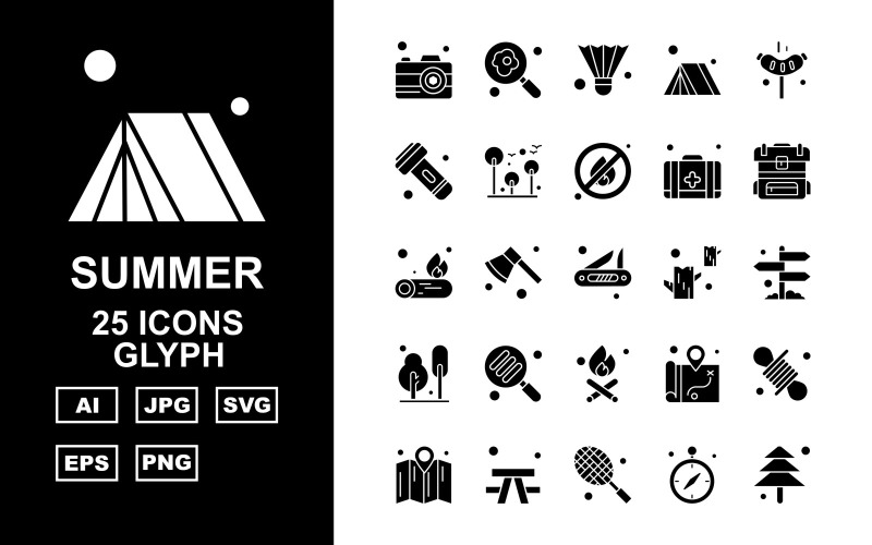 Download Набор иконок "25 Premium Summer Glyph Pack Icon Set" / 25 Premium Summer Glyph Pack Icon Set - Набор иконок на тему maps camera,axe,location,rope,map,outdoor,racket,gps,tree,find,shuttlecock,tent,hotdog,flashlight,fire,first aid,backpack,fire wood,icon,icons
