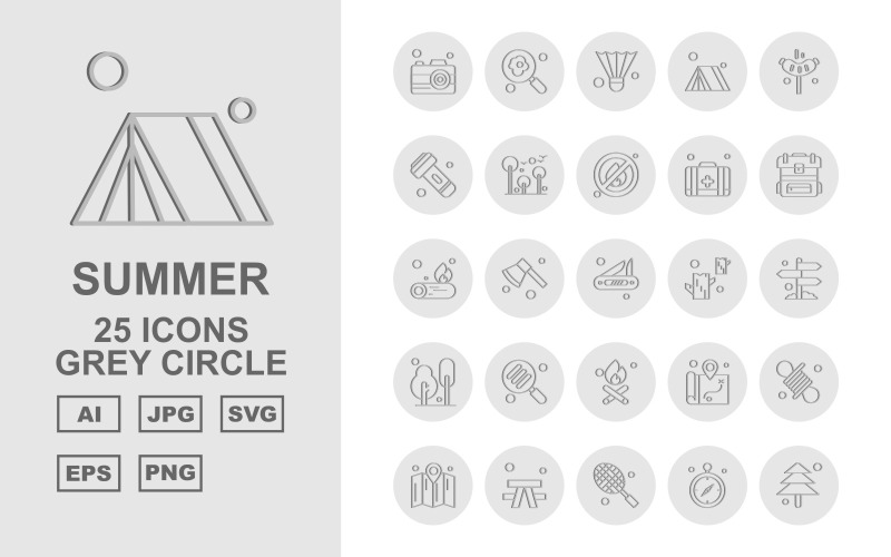 Download Набор иконок "25 Premium Summer Grey Circle Icon Pack Set" / 25 Premium Summer Grey Circle Icon Pack Set - Набор иконок на тему maps camera,axe,location,rope,map,outdoor,racket,gps,tree,find,shuttlecock,tent,hotdog,flashlight,fire,first aid,backpack,fire wood,icon,icons