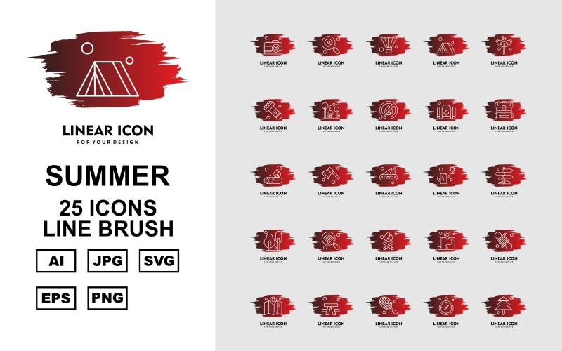 Download Набор иконок "25 Premium Summer Line Brush Icon Pack Set" / 25 Premium Summer Line Brush Icon Pack Set - Набор иконок на тему maps camera,axe,location,rope,map,outdoor,racket,gps,tree,find,shuttlecock,tent,hotdog,flashlight,fire,first aid,backpack,fire wood,icon,icons