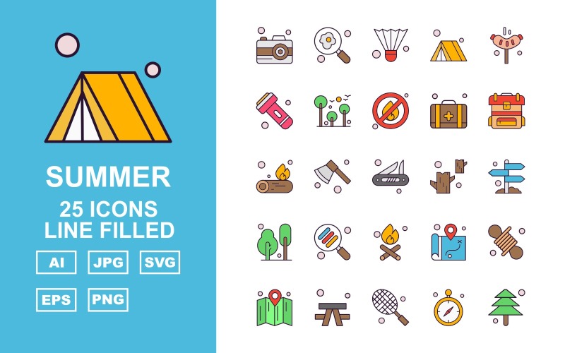Download Набор иконок "25 Premium Summer Line Filled Pack Icon Set" / 25 Premium Summer Line Filled Pack Icon Set - Набор иконок на тему maps camera,axe,location,rope,map,outdoor,racket,gps,tree,find,shuttlecock,tent,hotdog,flashlight,fire,first aid,backpack,fire wood,icon,icons