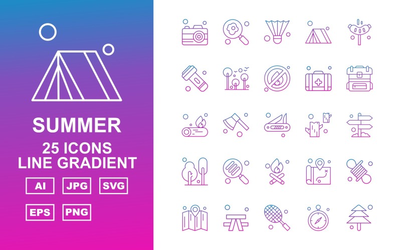 Download Набор иконок "25 Premium Summer Line Gradient Icon Pack Set" / 25 Premium Summer Line Gradient Icon Pack Set - Набор иконок на тему maps camera,axe,location,rope,map,outdoor,racket,gps,tree,find,shuttlecock,tent,hotdog,flashlight,fire,first aid,backpack,fire wood,icon,icons