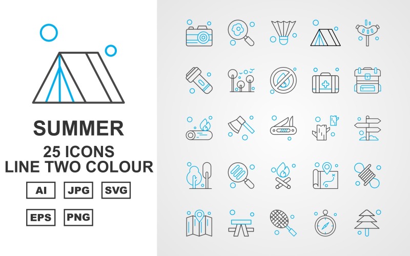 Download Набор иконок "25 Premium Summer Line Two Color Pack Icon Set" / 25 Premium Summer Line Two Color Pack Icon Set - Набор иконок на тему maps camera,axe,location,rope,map,outdoor,racket,gps,tree,find,shuttlecock,tent,hotdog,flashlight,fire,first aid,backpack,fire wood,icon,icons