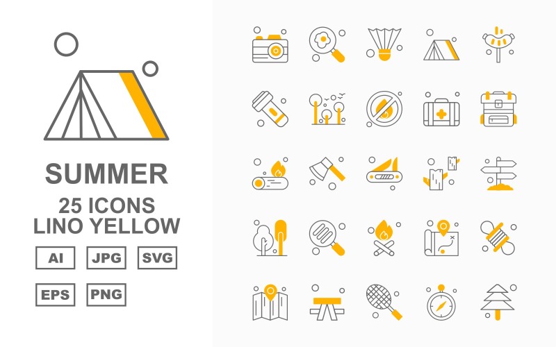 Download Набор иконок "25 Premium Summer Lino Yellow Icon Pack Set" / 25 Premium Summer Lino Yellow Icon Pack Set - Набор иконок на тему maps camera,axe,location,rope,map,outdoor,racket,gps,tree,find,shuttlecock,tent,hotdog,flashlight,fire,first aid,backpack,fire wood,icon,icons